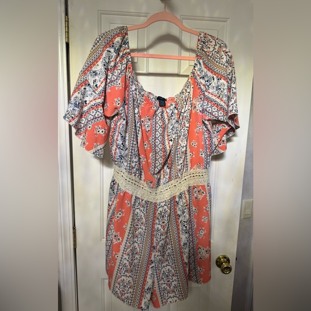 Rue21 Coral and Cream Boho Midi Dress with Crochet Waist